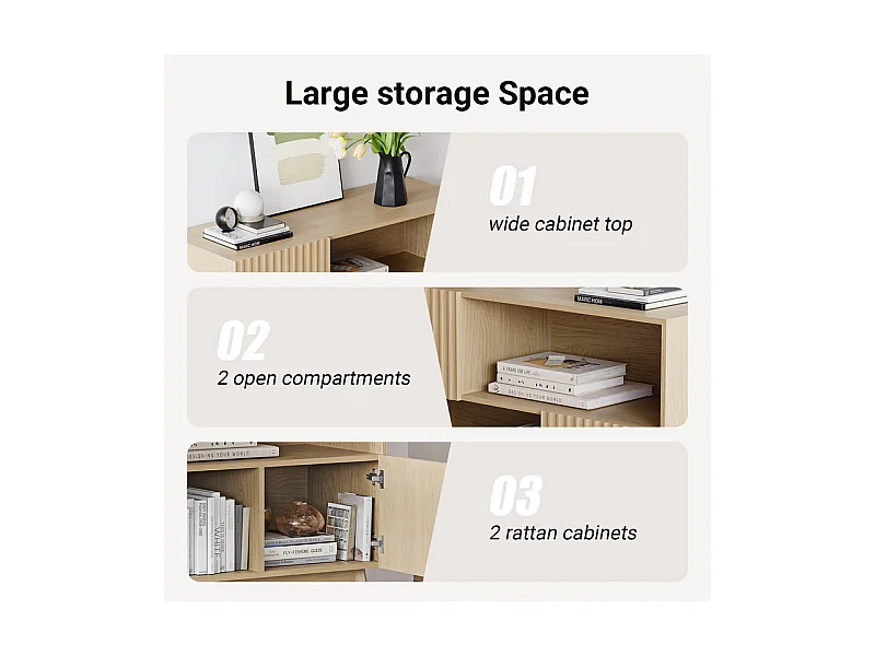 Buffet Moderne avec 2 portes et 2 niches, en Bois, charge max 50kg, Naturel clair, 100x38x77cm