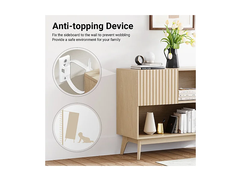 Buffet Moderne avec 2 portes et 2 niches, en Bois, charge max 50kg, Naturel clair, 100x38x77cm