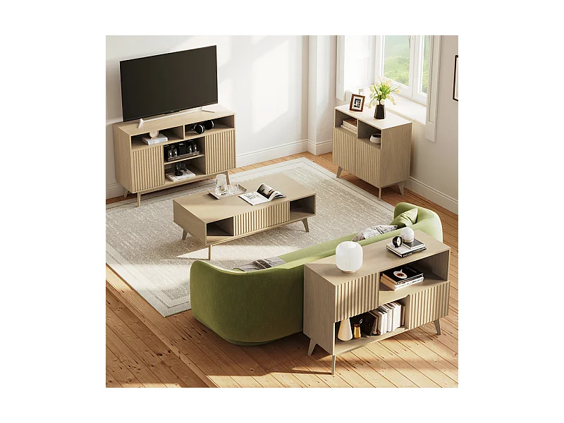 Buffet Moderne avec 2 portes et 2 niches, en Bois, charge max 50kg, Naturel clair, 100x38x77cm