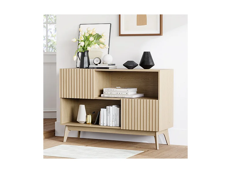 Buffet Moderne avec 2 portes et 2 niches, en Bois, charge max 50kg, Naturel clair, 100x38x77cm