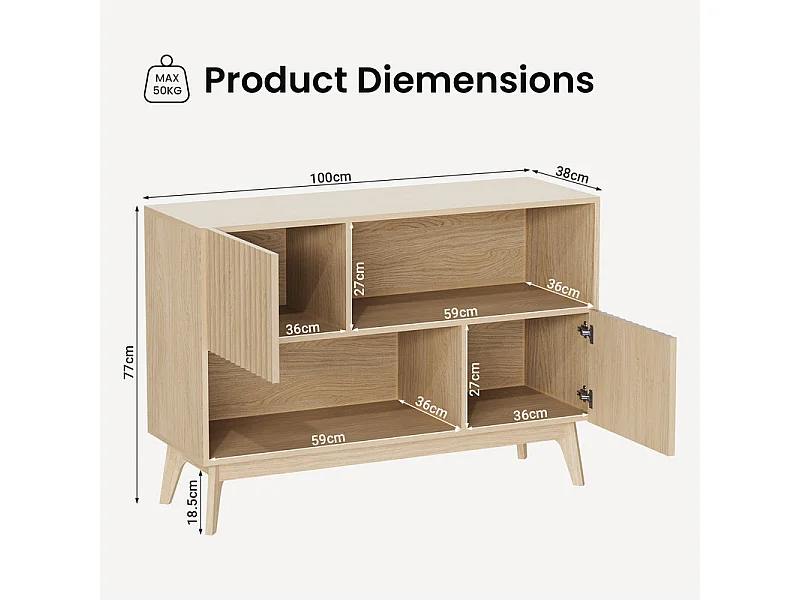 Buffet Moderne avec 2 portes et 2 niches, en Bois, charge max 50kg, Naturel clair, 100x38x77cm
