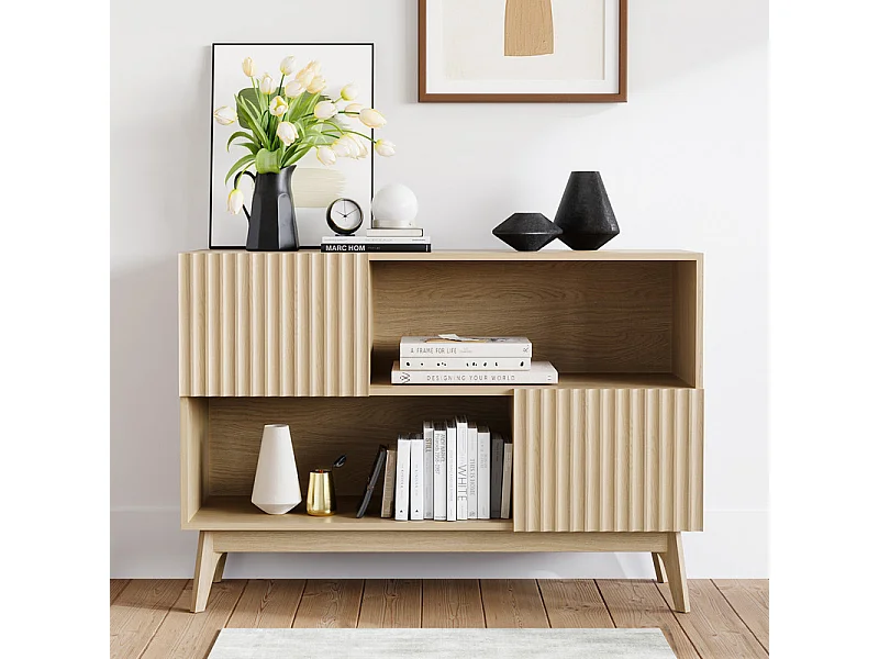 Buffet Moderne avec 2 portes et 2 niches, en Bois, charge max 50kg, Naturel clair, 100x38x77cm