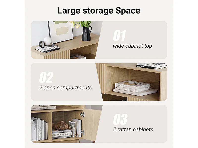 Buffet Moderne avec 2 portes et 2 niches, en Bois, charge max 50kg, Naturel clair, 100x38x77cm