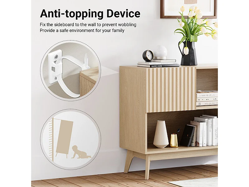 Buffet Moderne avec 2 portes et 2 niches, en Bois, charge max 50kg, Naturel clair, 100x38x77cm