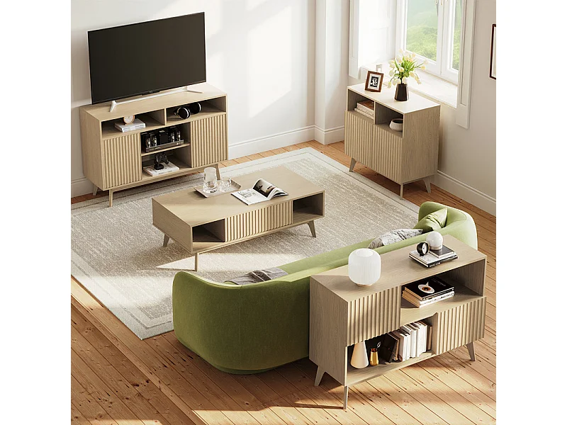 Buffet Moderne avec 2 portes et 2 niches, en Bois, charge max 50kg, Naturel clair, 100x38x77cm