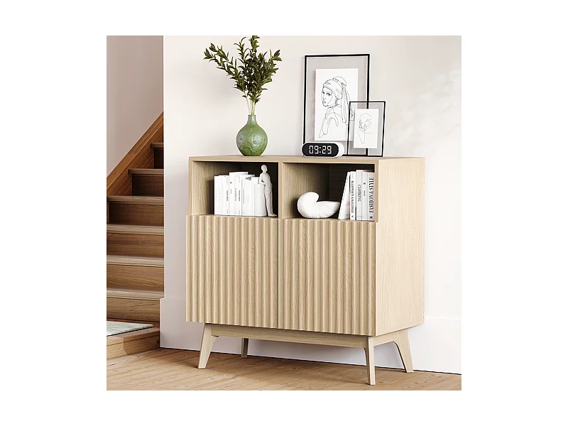 Buffet Moderne avec 2 portes et 2 niches, en Bois, charge max 23kg, Naturel clair, 80x38x80cm