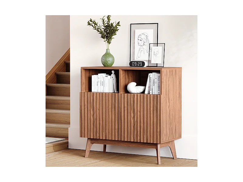 Buffet Moderne avec 2 portes et 2 niches, en Bois, charge max 23kg, Marron Chocolat, 80x38x80cm