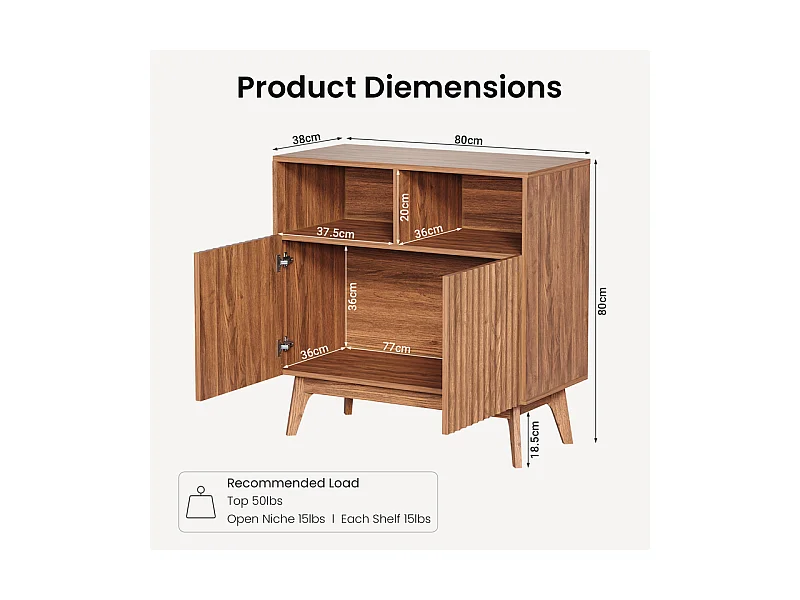 Buffet Moderne avec 2 portes et 2 niches, en Bois, charge max 23kg, Marron Chocolat, 80x38x80cm