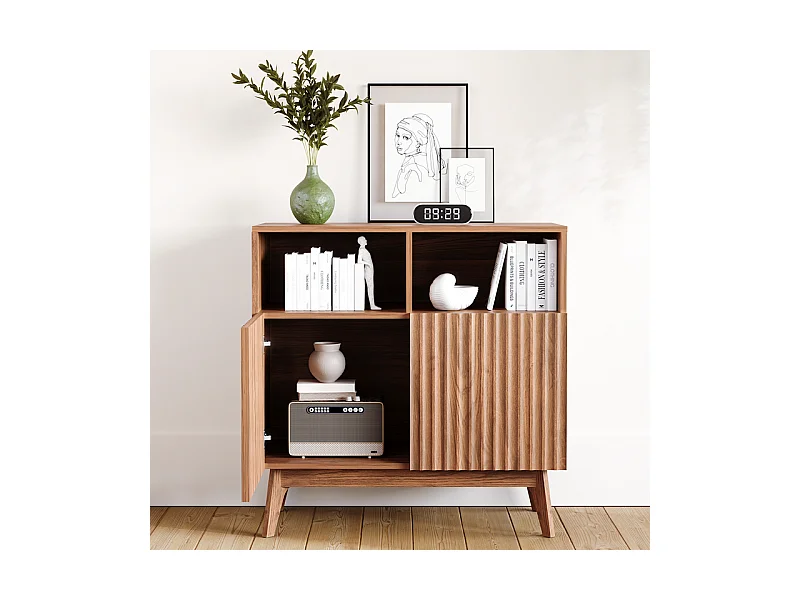 Buffet Moderne avec 2 portes et 2 niches, en Bois, charge max 23kg, Marron Chocolat, 80x38x80cm