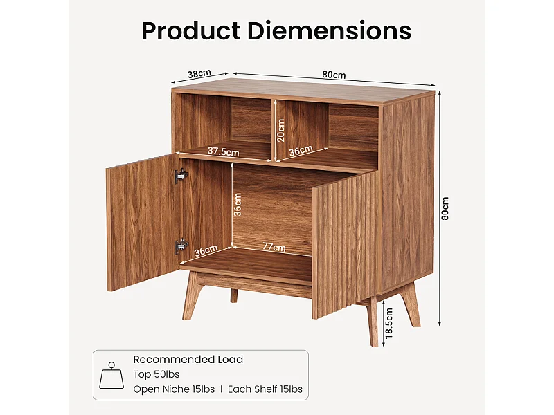 Buffet Moderne avec 2 portes et 2 niches, en Bois, charge max 23kg, Marron Chocolat, 80x38x80cm