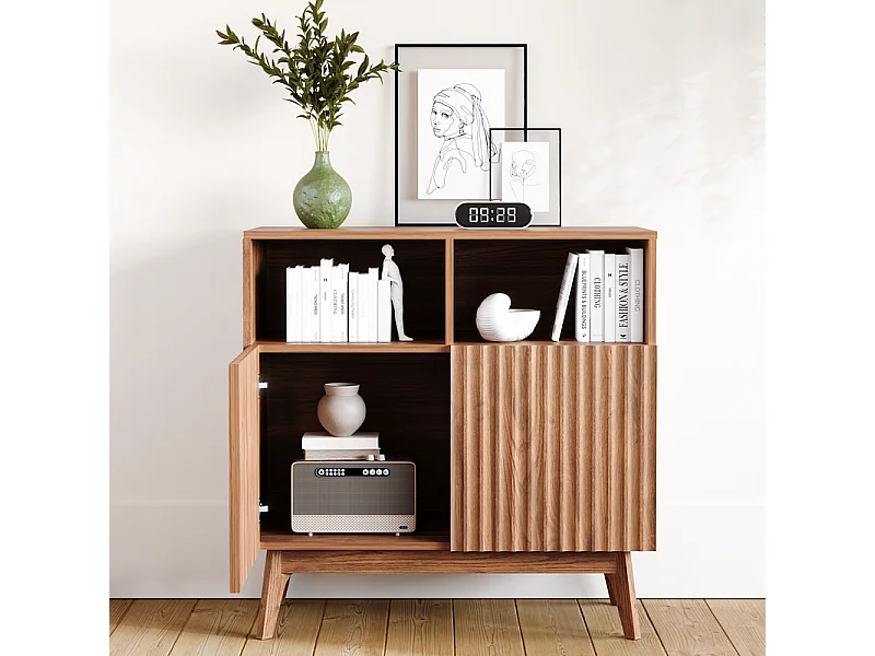 Buffet Moderne avec 2 portes et 2 niches, en Bois, charge max 23kg, Marron Chocolat, 80x38x80cm