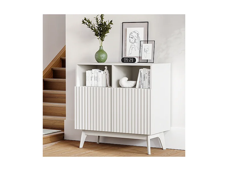 Buffet Moderne avec 2 portes et 2 niches, en Bois, charge max 23kg, Blanc, 80x38x80cm
