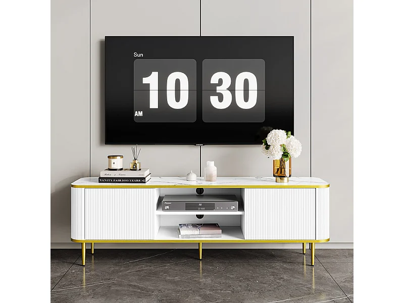TV-Schrank mit 2 Türen und 2 Nischen - Metallfüße - max. Belastung 70kg - Weiß und Gold - 140x40x49cm