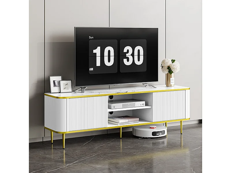 TV-Schrank mit 2 Türen und 2 Nischen - Metallfüße - max. Belastung 70kg - Weiß und Gold - 140x40x49cm