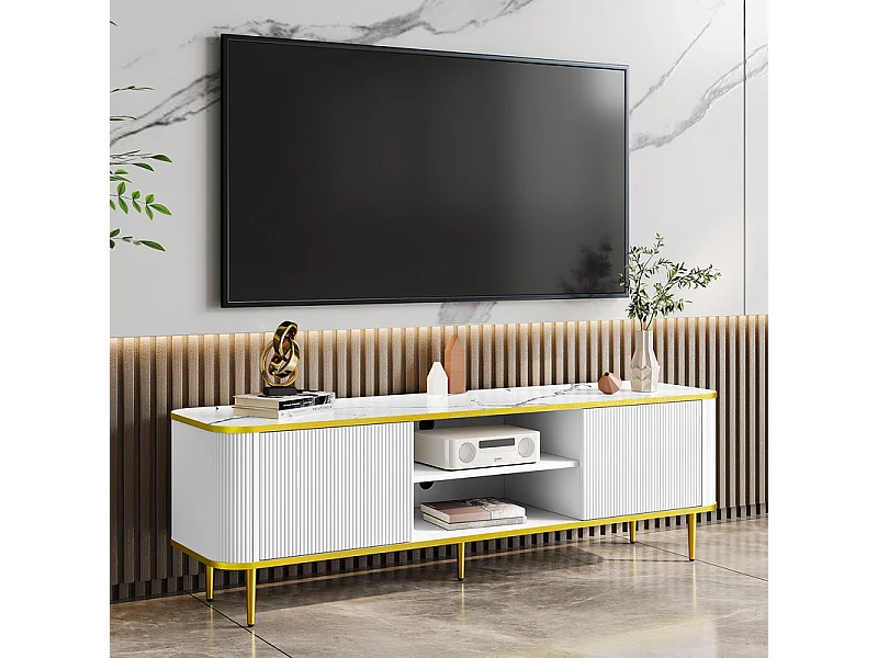 TV-Schrank mit 2 Türen und 2 Nischen - Metallfüße - max. Belastung 70kg - Weiß und Gold - 140x40x49cm