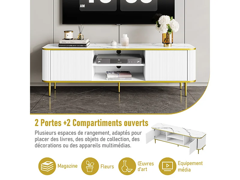 TV-Schrank mit 2 Türen und 2 Nischen - Metallfüße - max. Belastung 70kg - Weiß und Gold - 140x40x49cm