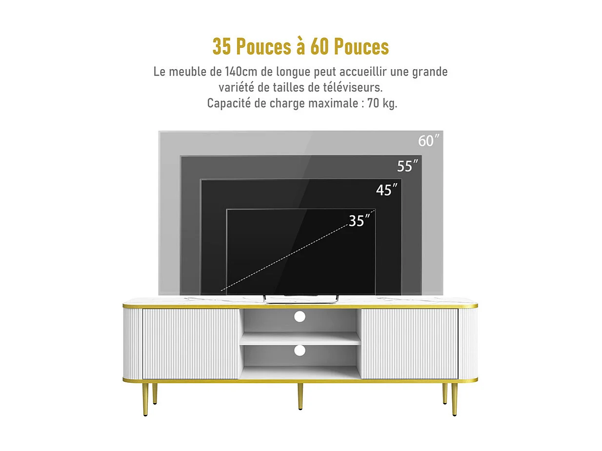TV-Schrank mit 2 Türen und 2 Nischen - Metallfüße - max. Belastung 70kg - Weiß und Gold - 140x40x49cm