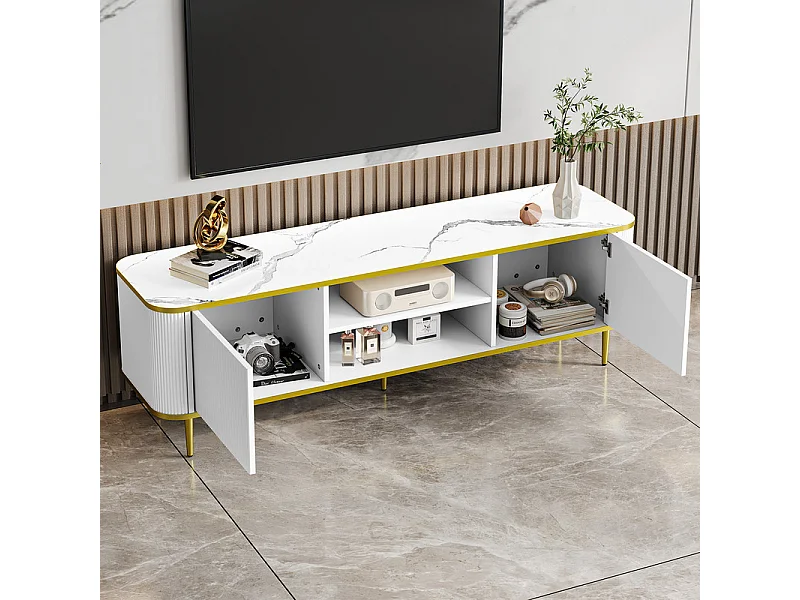 TV-Schrank mit 2 Türen und 2 Nischen - Metallfüße - max. Belastung 70kg - Weiß und Gold - 140x40x49cm