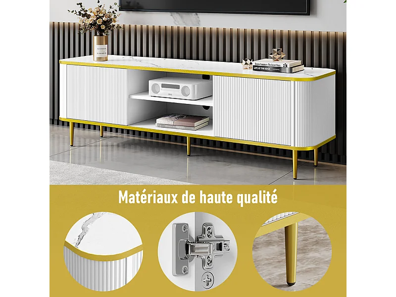 TV-Schrank mit 2 Türen und 2 Nischen - Metallfüße - max. Belastung 70kg - Weiß und Gold - 140x40x49cm