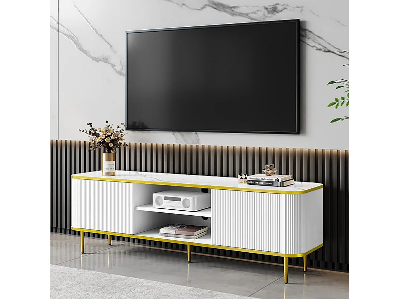 Meuble TV avec 2 portes et 2 niches - pieds en métal - charge max 70kg - Blanc et Doré - 140x40x49cm