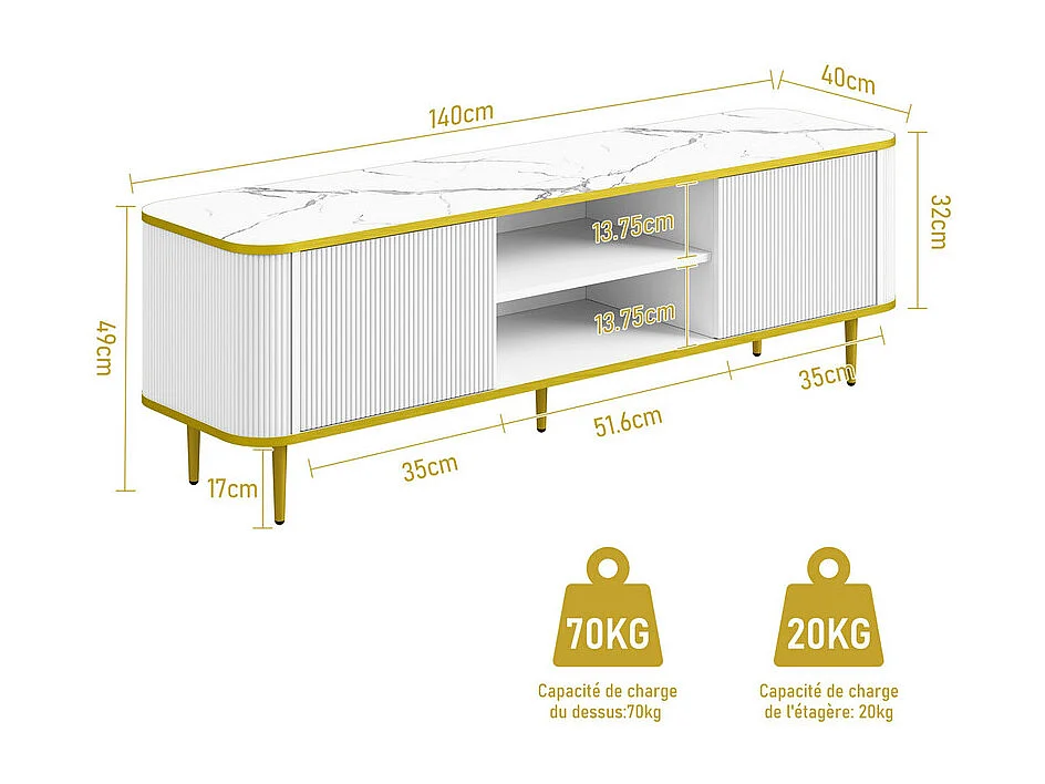 Meuble TV avec 2 portes et 2 niches - pieds en métal - charge max 70kg - Blanc et Doré - 140x40x49cm