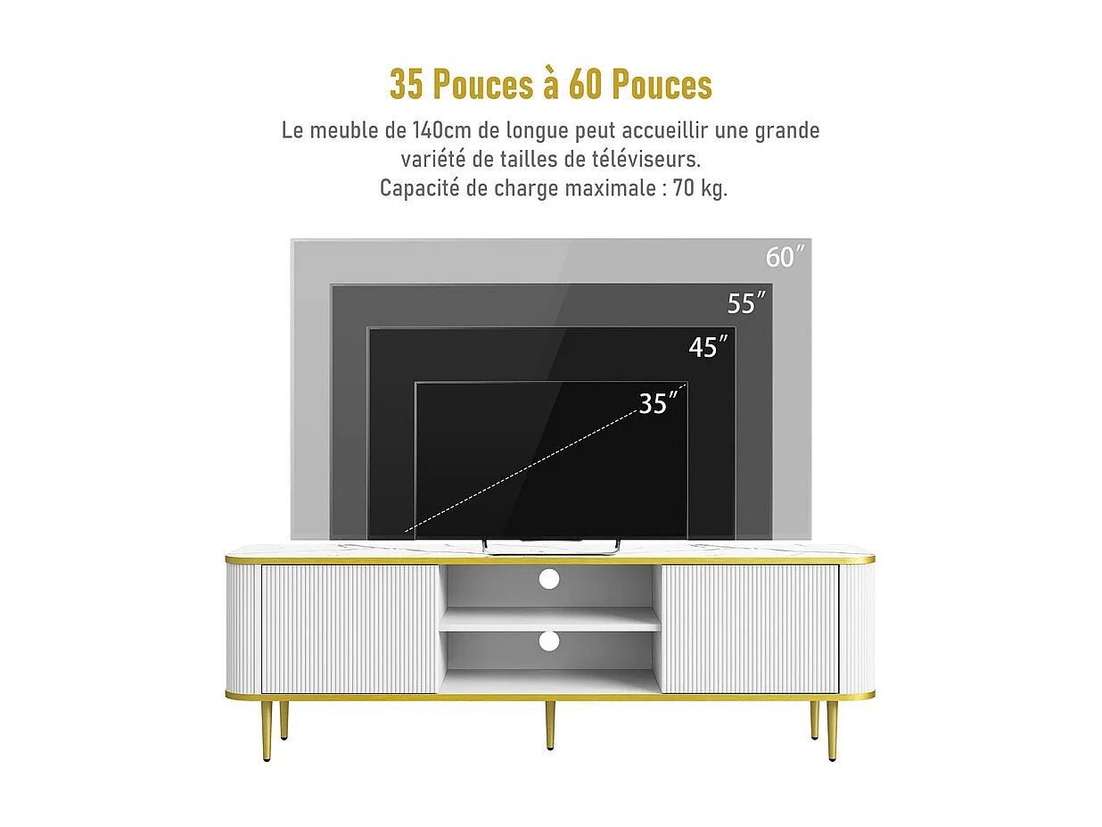 Meuble TV avec 2 portes et 2 niches - pieds en métal - charge max 70kg - Blanc et Doré - 140x40x49cm