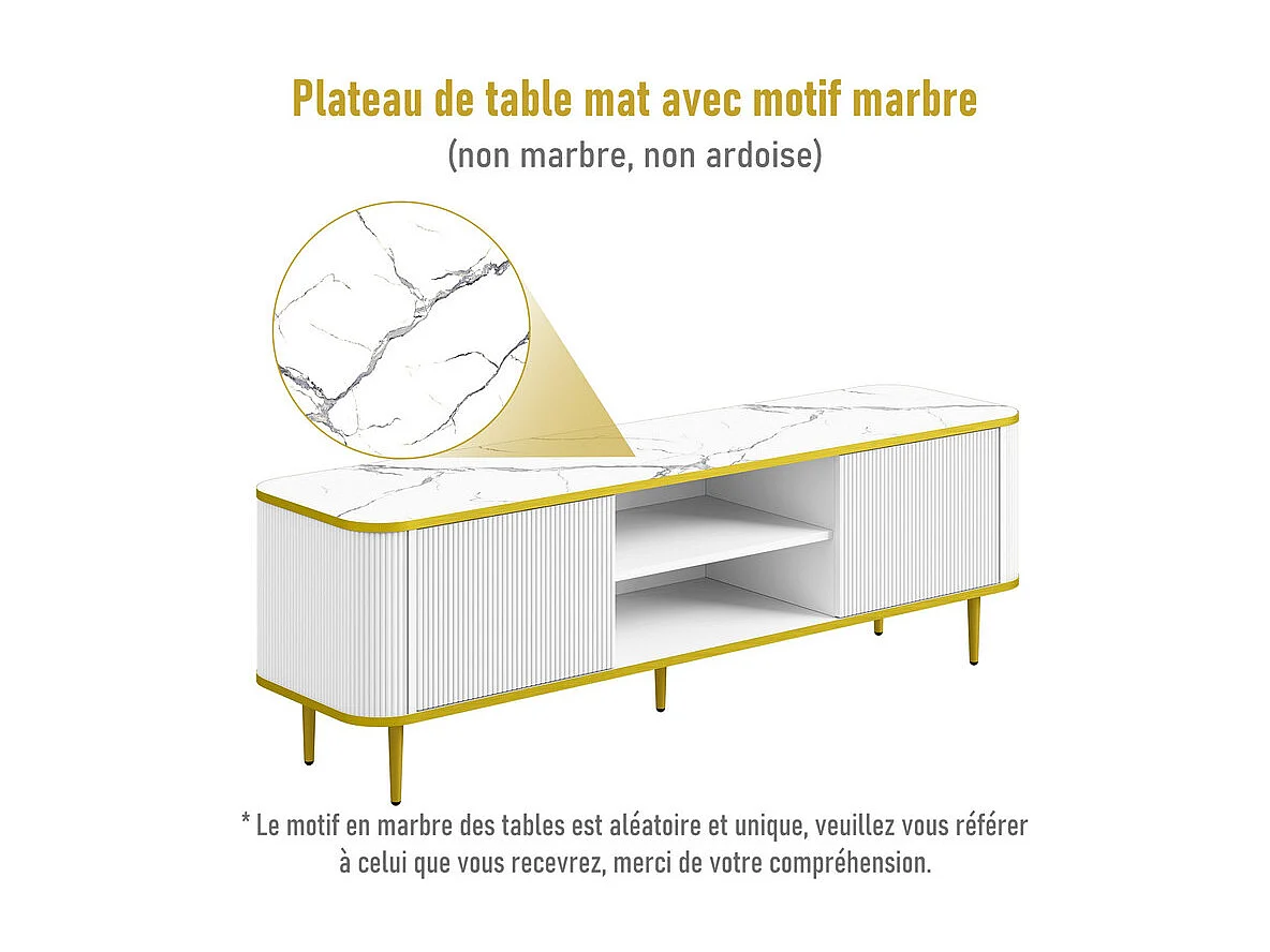 Meuble TV avec 2 portes et 2 niches - pieds en métal - charge max 70kg - Blanc et Doré - 140x40x49cm