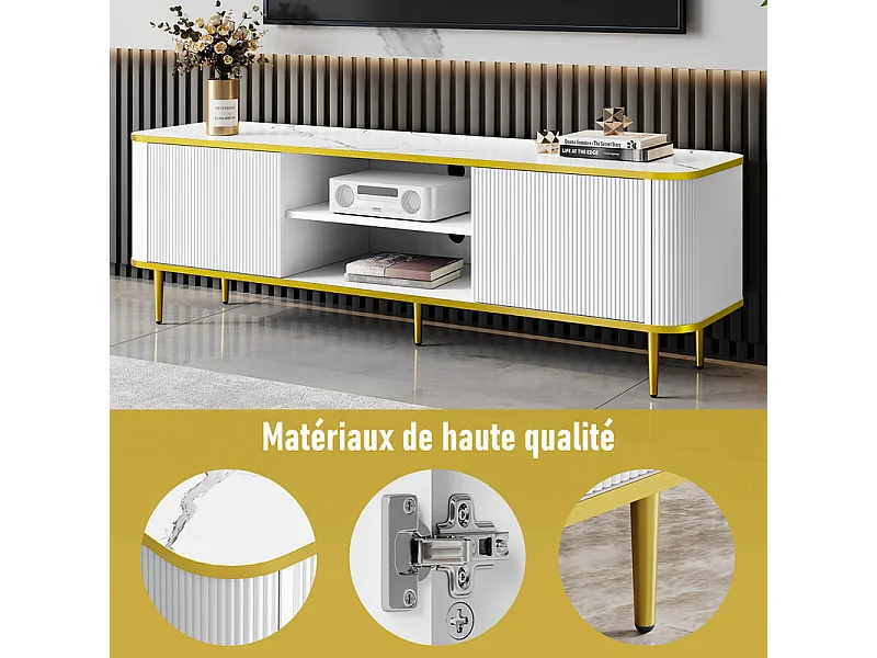 Meuble TV avec 2 portes et 2 niches - pieds en métal - charge max 70kg - Blanc et Doré - 140x40x49cm