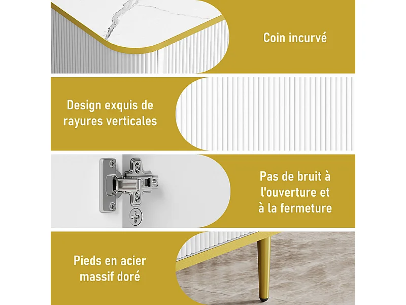 Meuble TV avec 2 portes et 2 niches - pieds en métal - charge max 70kg - Blanc et Doré - 140x40x49cm