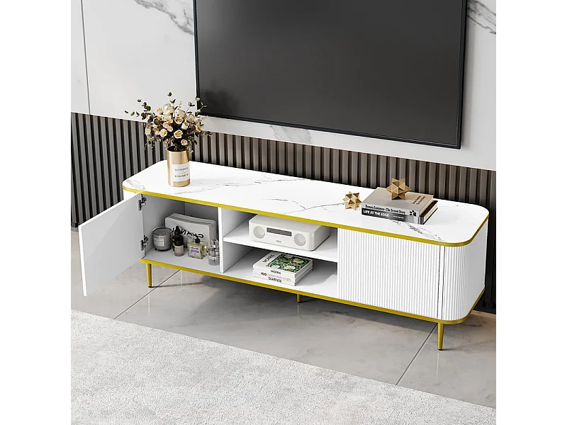 Meuble TV avec 2 portes et 2 niches - pieds en métal - charge max 70kg - Blanc et Doré - 140x40x49cm