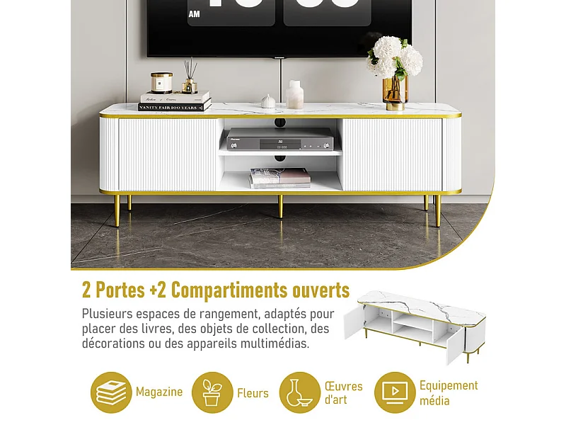 Meuble TV avec 2 portes et 2 niches - pieds en métal - charge max 70kg - Blanc et Doré - 140x40x49cm