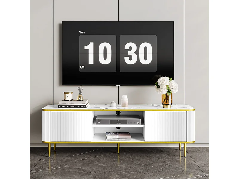 Meuble TV avec 2 portes et 2 niches - pieds en métal - charge max 70kg - Blanc et Doré - 140x40x49cm