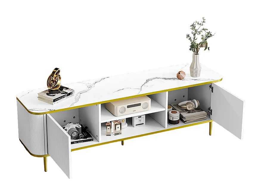 Meuble TV avec 2 portes et 2 niches - pieds en métal - charge max 70kg - Blanc et Doré - 140x40x49cm