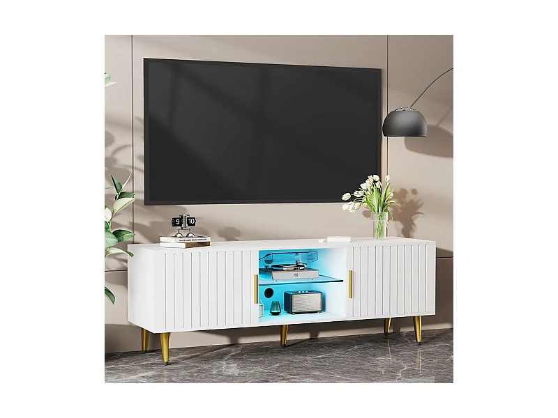 Meuble TV avec LED, 2 portes et 2 niches, pieds en métal doré, Blanc, 140x40x48cm