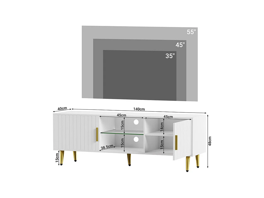 Meuble TV avec LED, 2 portes et 2 niches, pieds en métal doré, Blanc, 140x40x48cm