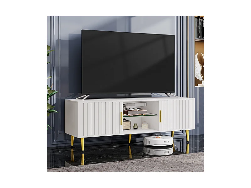 Meuble TV avec LED, 2 portes et 2 niches, pieds en métal doré, Blanc, 140x40x48cm