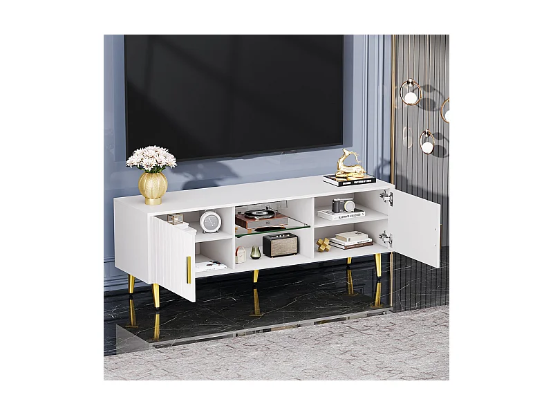 Meuble TV avec LED, 2 portes et 2 niches, pieds en métal doré, Blanc, 140x40x48cm