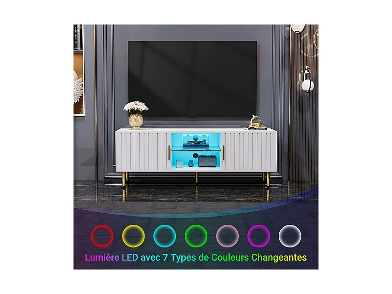 Meuble TV avec LED, 2 portes et 2 niches, pieds en métal doré, Blanc, 140x40x48cm