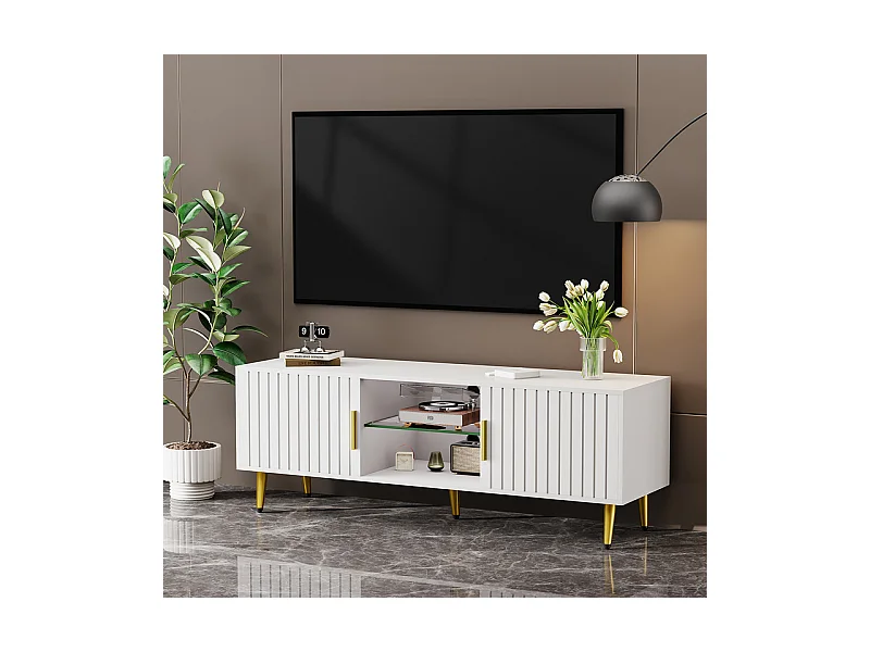 Meuble TV avec LED, 2 portes et 2 niches, pieds en métal doré, Blanc, 140x40x48cm