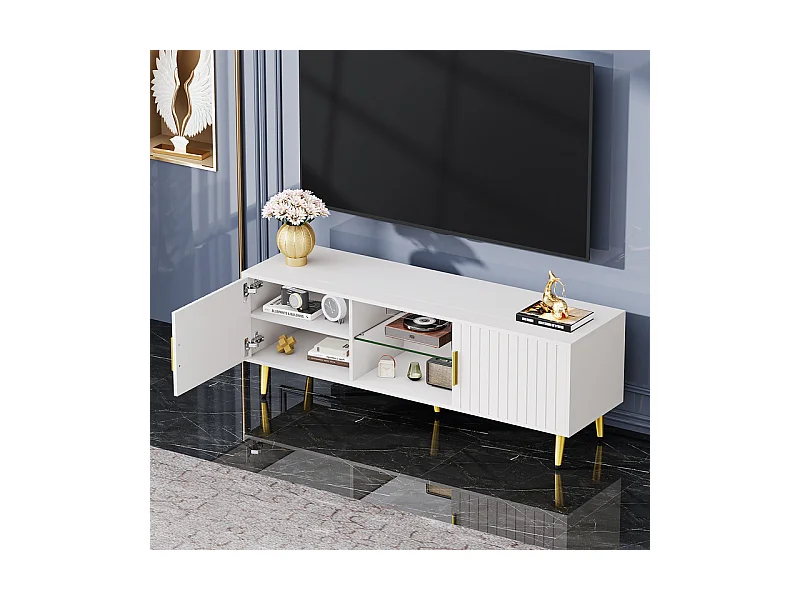 Meuble TV avec LED, 2 portes et 2 niches, pieds en métal doré, Blanc, 140x40x48cm