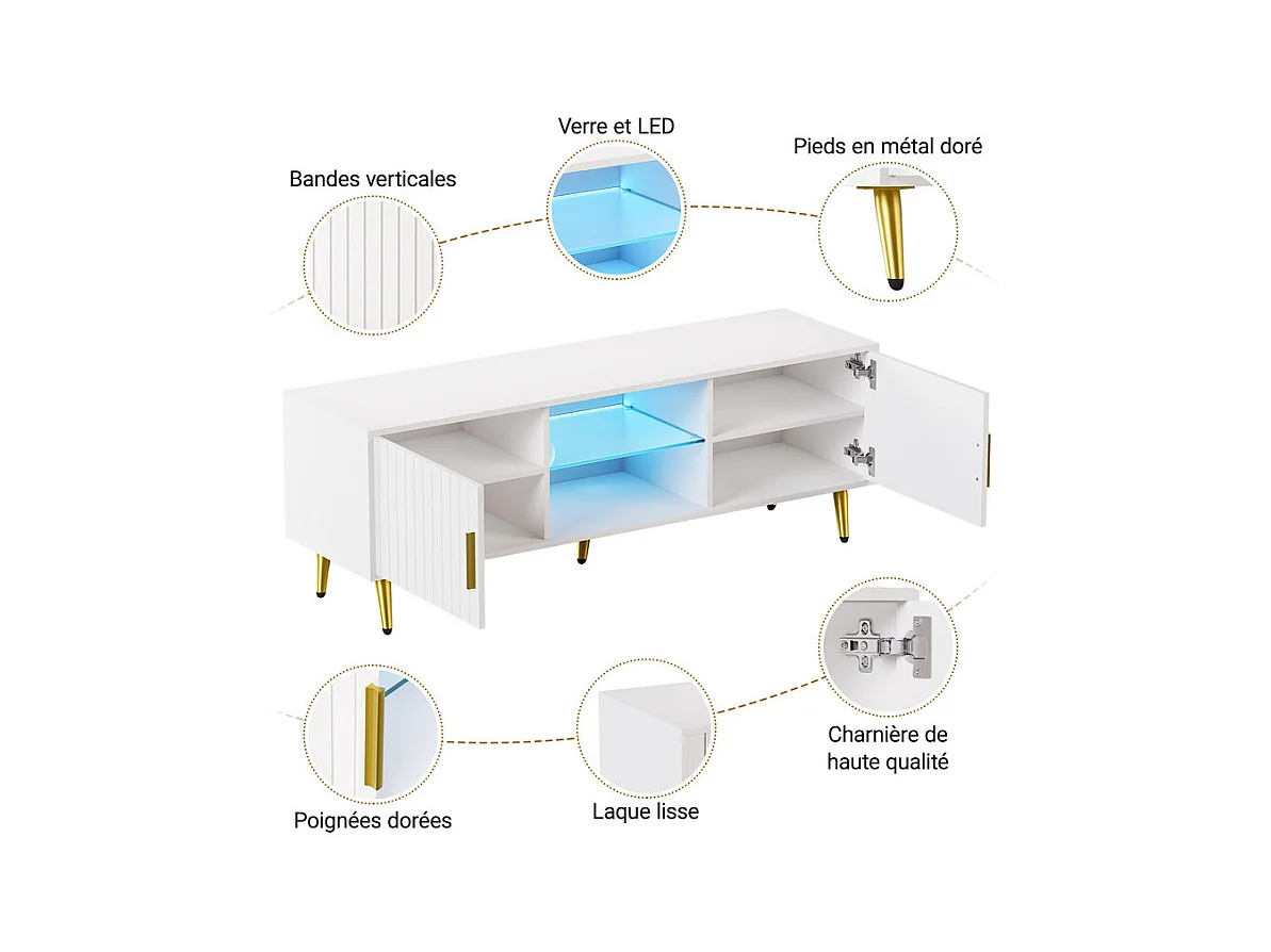 Meuble TV avec LED, 2 portes et 2 niches, pieds en métal doré, Blanc, 140x40x48cm