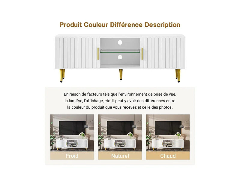 Meuble TV avec LED, 2 portes et 2 niches, pieds en métal doré, Blanc, 140x40x48cm