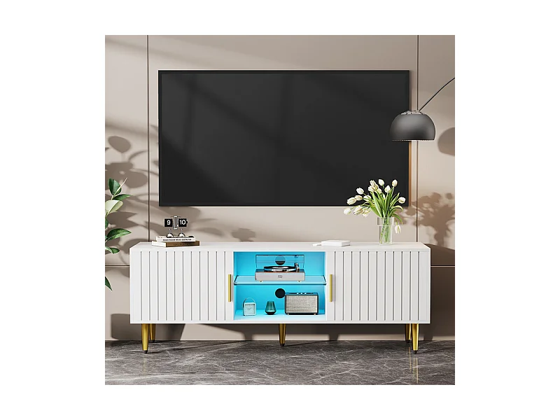 Meuble TV avec LED, 2 portes et 2 niches, pieds en métal doré, Blanc, 140x40x48cm