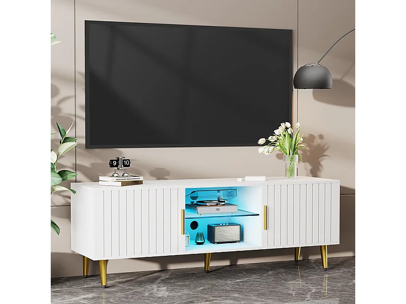Meuble TV avec LED, 2 portes et 2 niches, pieds en métal doré, Blanc, 140x40x48cm
