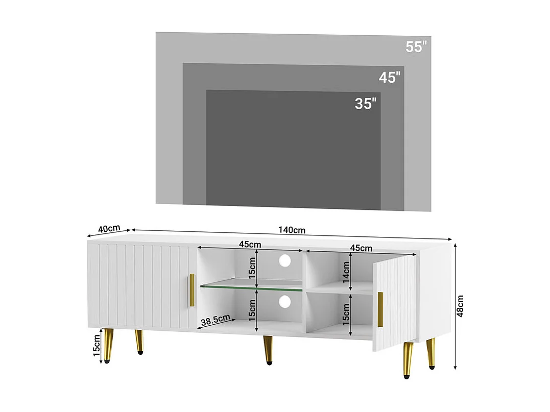 Meuble TV avec LED, 2 portes et 2 niches, pieds en métal doré, Blanc, 140x40x48cm