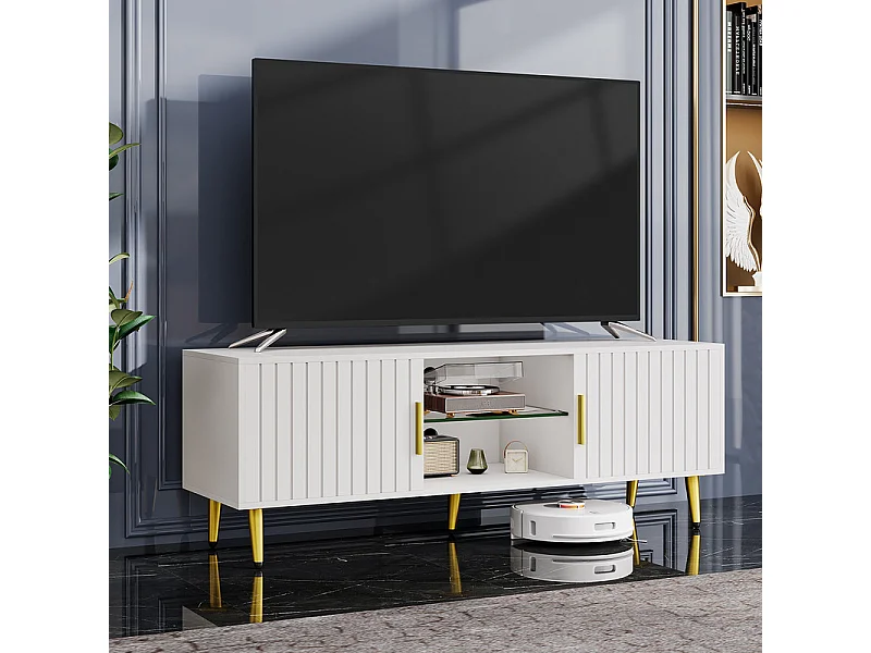 Meuble TV avec LED, 2 portes et 2 niches, pieds en métal doré, Blanc, 140x40x48cm