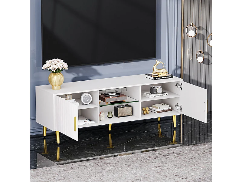 Meuble TV avec LED, 2 portes et 2 niches, pieds en métal doré, Blanc, 140x40x48cm