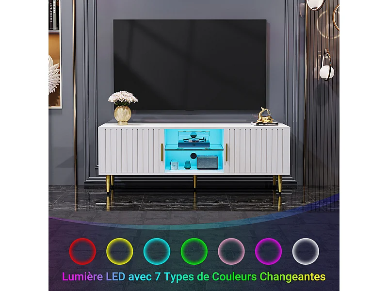 Meuble TV avec LED, 2 portes et 2 niches, pieds en métal doré, Blanc, 140x40x48cm
