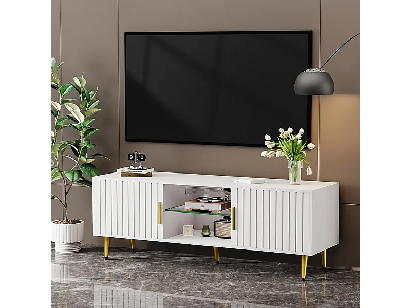 Meuble TV avec LED, 2 portes et 2 niches, pieds en métal doré, Blanc, 140x40x48cm