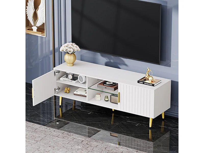 Meuble TV avec LED, 2 portes et 2 niches, pieds en métal doré, Blanc, 140x40x48cm